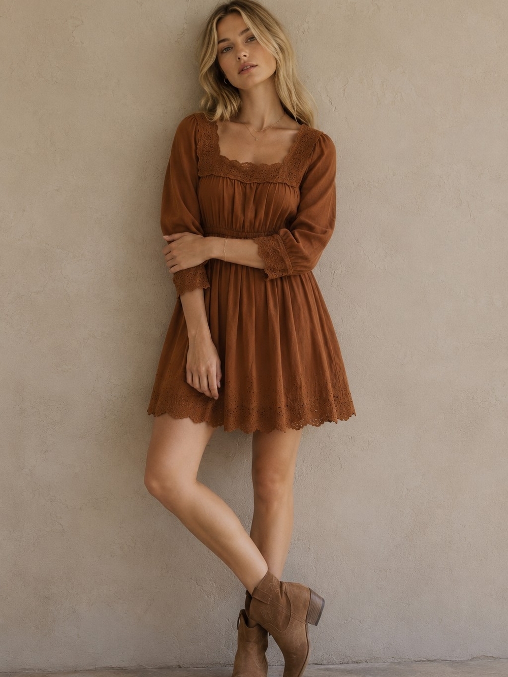 Madewell Rust Corduroy Mino Dress Embroidered Long Sleeve Cottagecore Summer